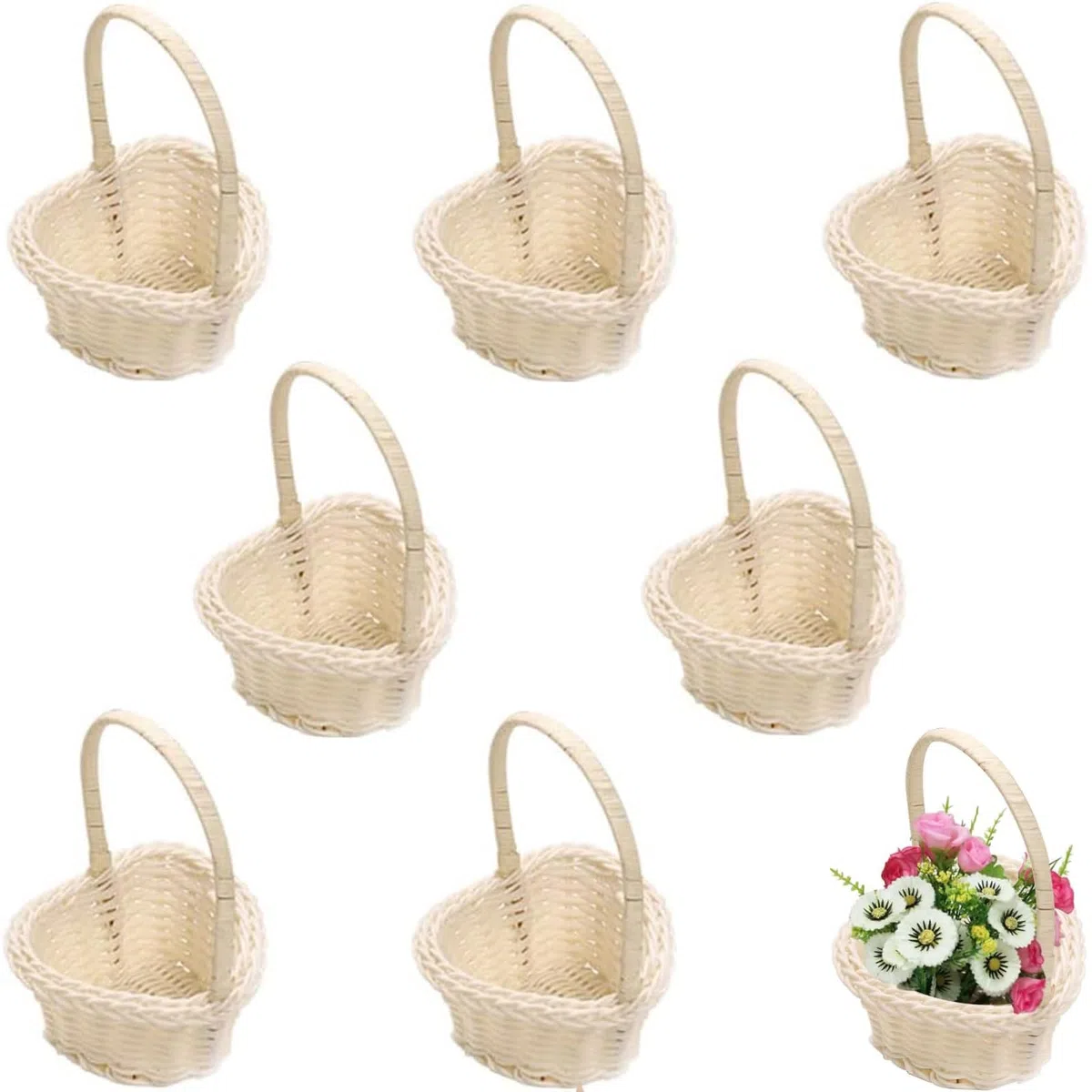 Cestini In Vimini Con Manico, 8 Pezzi Cestini Piccoli In Vimini, Contenitori Di Fiori per Matrimoni, Contenitori Da Canestri, Mini Canestri Di Rattan per Regali, Rustici, Matrimoni, Feste, Bianco