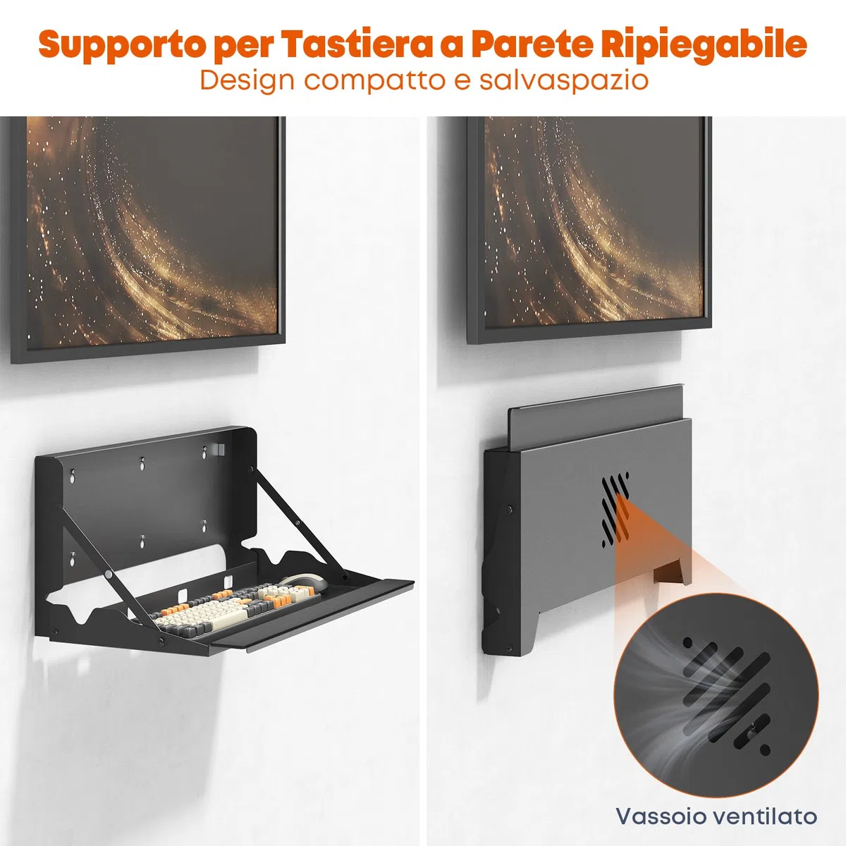 Vassoio Tastiera a Scomparsa da Parete Ergonomico 61cm - Piattaforma per Tastiera & Mouse da Ufficio e Casa , Portata 10 kg, Nero