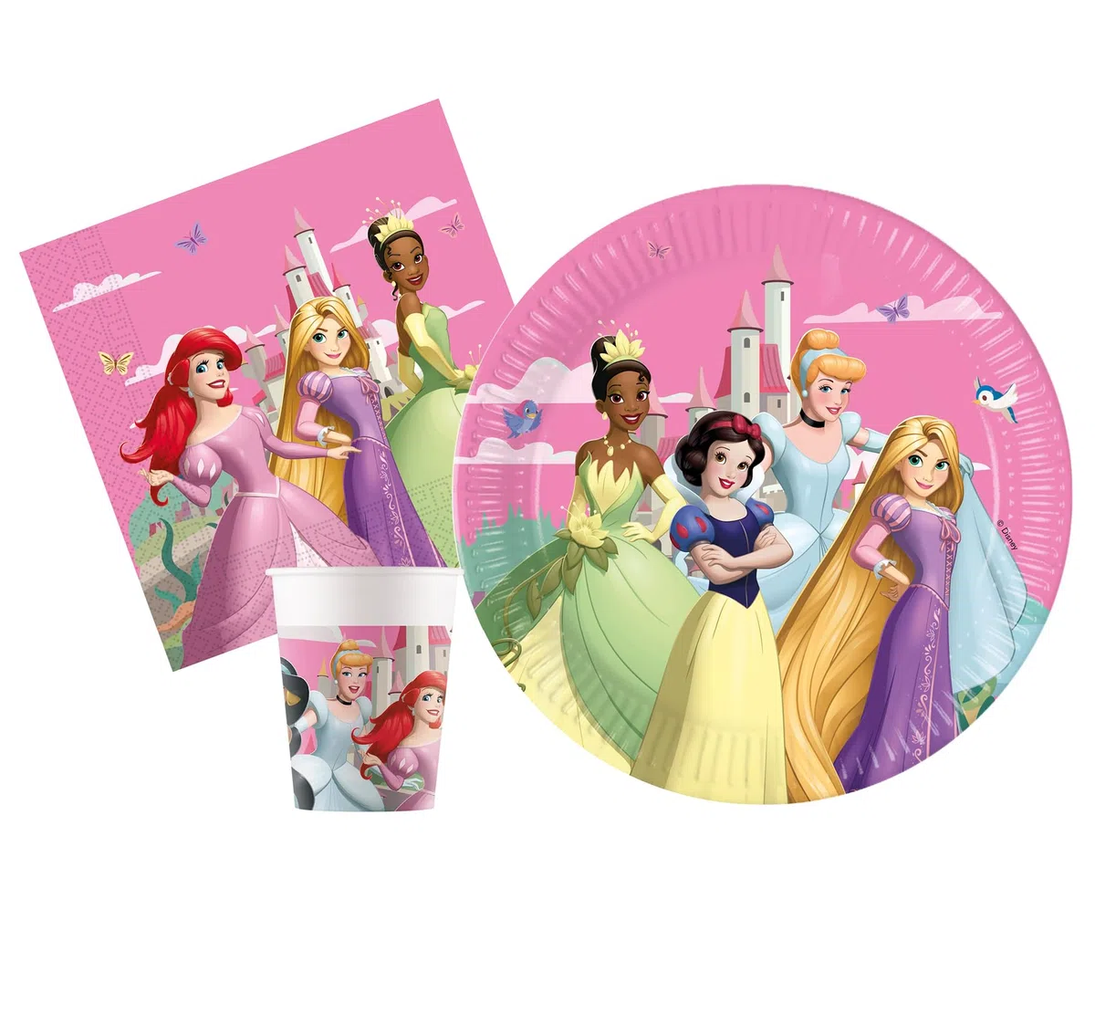 Kit Party Tavola Disney Princess Create Your World per 24 persone (88 pezzi: 24 piatti Ø23cm, 24 bicchieri 200ml, 40 tovaglioli 33x33cm) in carta FSC compostabile eco-friendly