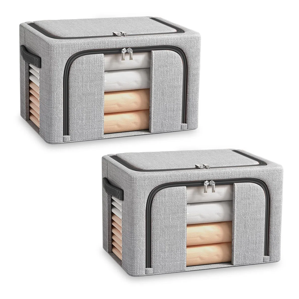 Lot di 2 Scatole per Armadio Rigide 66L, 50x40x33CM Scatole per Vestiti con Telaio in Metallo, Oxford & Doppia Finestra/Zip, Contenitori per Armadio Salvaspazio, Grigio