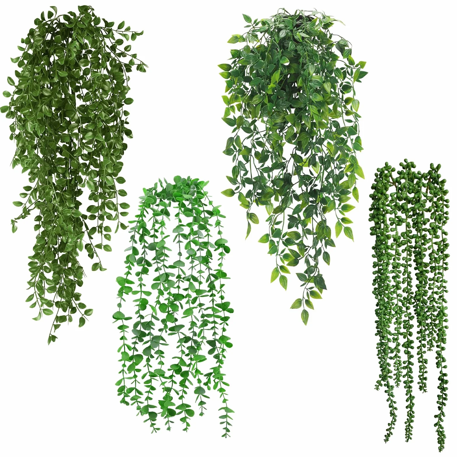 Auauraintt 4 Pezzi Finte Cadenti, 55-80 cm Pianta, Pendenti Artificiali con Vaso, Plastica per Decorazione Matrimonio Giardino Casa Balconi