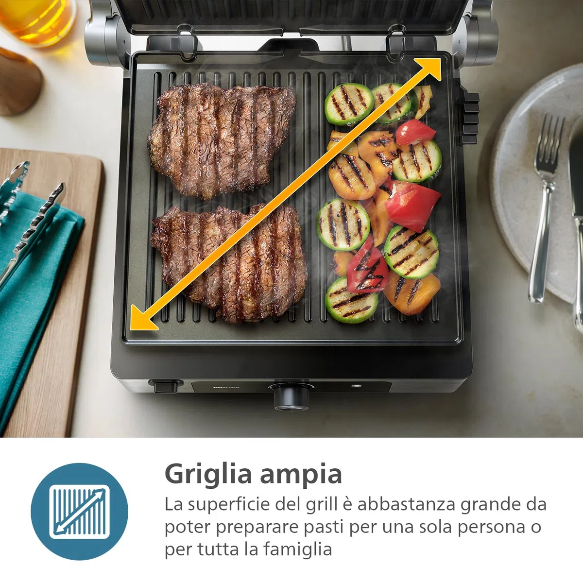 Philips Griglia Elettrica - Contact Grill. Temperatura regolabile. Ampio grill e prestazioni ad Alta Potenza. Piastre Antiaderenti e vassoio raccogli grasso rimovibili. (HD6301/90)