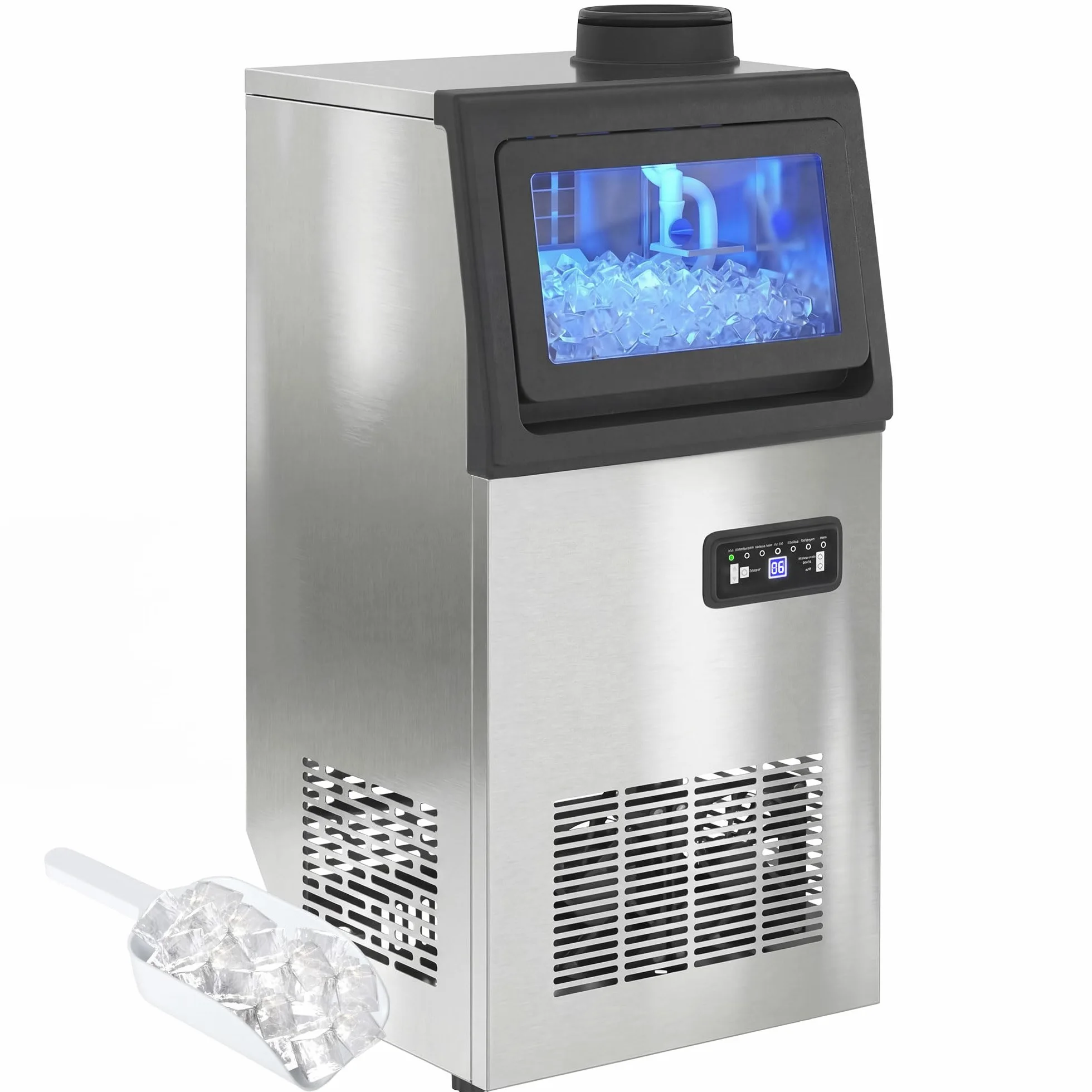 HOMCOM Macchina per cubetti di ghiaccio commerciale 45 kg/24 H autopulente Gelatiera con 7,5 kg di memoria, timer, Ice Maker Machine in acciaio inox con paletta per ghiaccio per bar, ufficio
