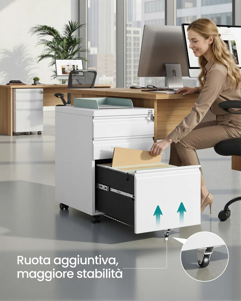 SONGMICS Mobile per Documenti a 3 Cassetti, Cassettiera da Ufficio in Metallo, Acciaio, 3 Cassetti con Serratura, Supporto con Ruote per Stampante, 39 x 50 x 62 cm, Bianco Opaco OFC033W101
