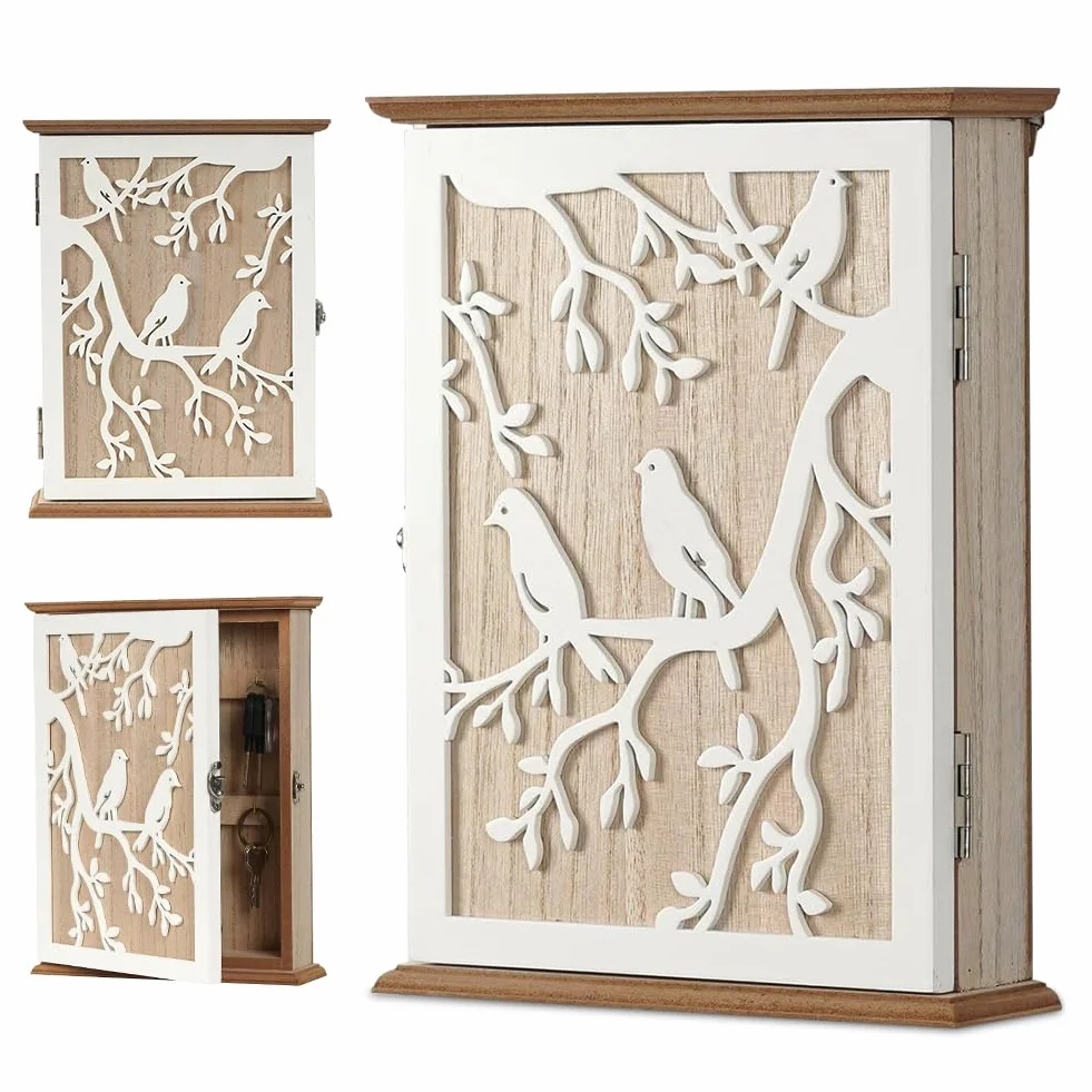 Cassetta Portachiavi da Muro, 20 x 6 x 26,5 cm, Cassettiera per Chiavi da Parete, vintage, in legno, con 6 ganci per chiavi, Pensile con portachiavi da parete, Scatola Organizer per chiavi