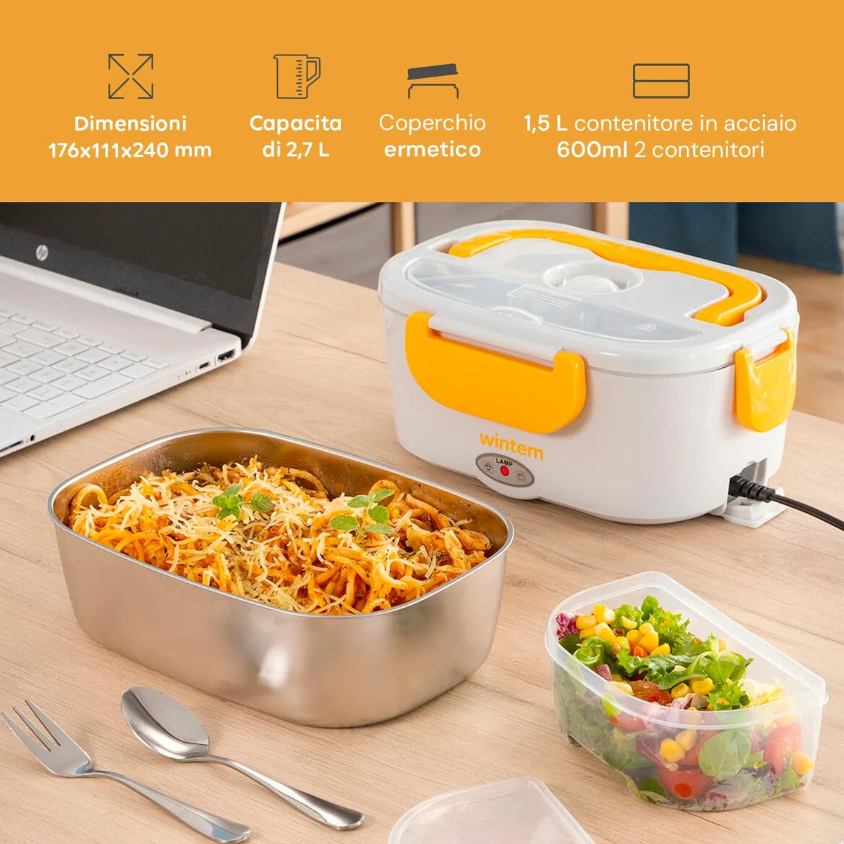 Wintem - Porta Pranzo Termico Elettrico 1,5L con Contenitori in Acciaio Inox, Riscaldamento 30 Min, Comparti Separati, Ideale per Ufficio, Viaggi e Pausa Pranzo Fuori Casa