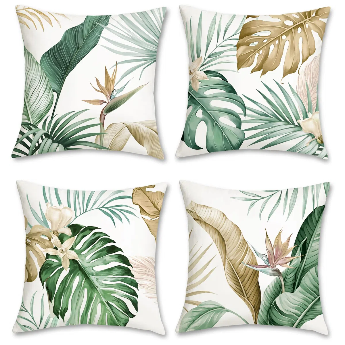 Bonhause Federe per Cuscini Foglie Tropicali 45 x 45 cm Copricuscini Foglia Verde Marrone Velluto Morbido Federa per Cuscino Divano Casa Giardino Decorazione Set di 4