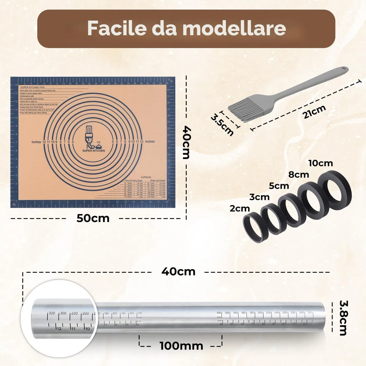 SUPER KITCHEN Mattarello in Acciaio Inox Con 5 Dischi Regolabili Anello, Stuoia di Rolling della Pasticceria del Silicone 50x40cm Antiaderente Tappetino da Forno spianatoia per impastare (Grigio)