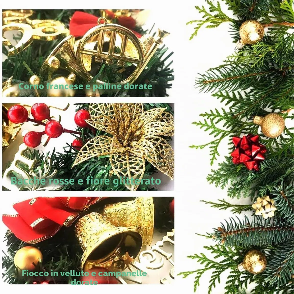 LATERN 30CM Ghirlanda di Natale, Ghirlanda di Pino di Natale Artificiale con Fiocco Campana Cervo Bacche Rosse Fiore per Natale Porta Parete Camino Finestra Albero di Natale Decorazione