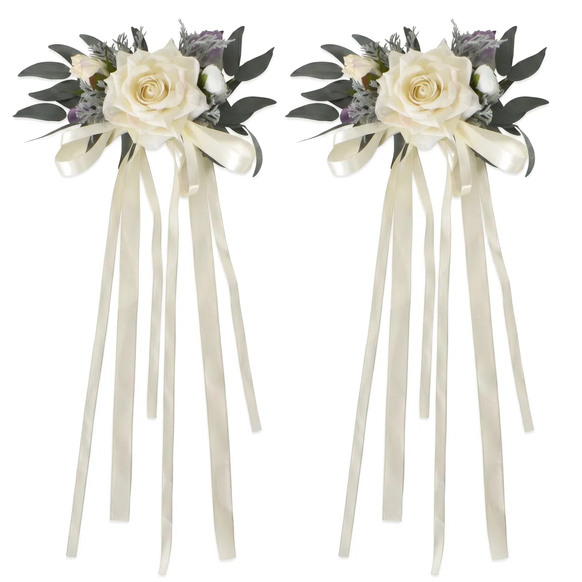 Naapesi Set di 2 Decorazioni Floreali per Specchietti Retrovisori Matrimonio Bianco Latte - Eleganti Fiori Artificiali con Nastri per Auto degli Sposi - Addobbi Auto Matrimonio Raffinati