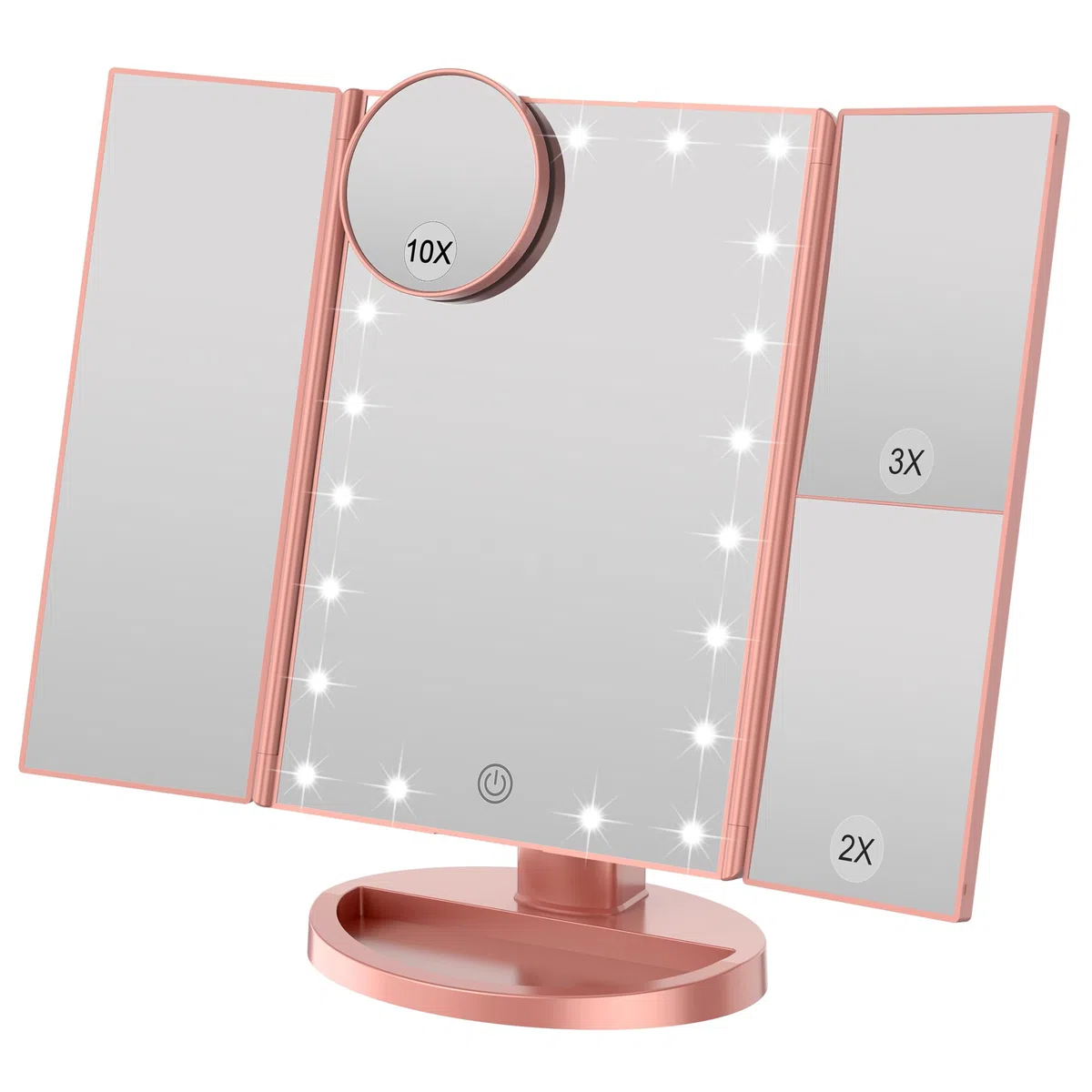 WEILY Specchio Trucco con Luci, Trifold dello specchio di trucco illuminato con l'ingrandimento di 1X/2X/3X, le notti naturali del LED, lo schermo di tocco, lo specchio caricabile (Oro Rosa)