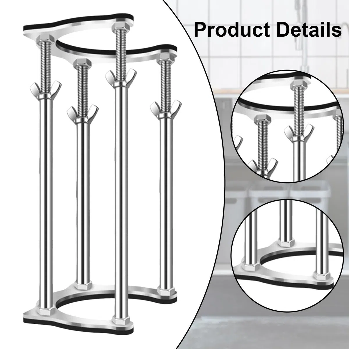 perfk Supporto Regolabile sottolavello Resistente per Accessori per WC, Installazione Rapida con 4 aste in Acciaio, Diametro Interno 6 cm, da 53 Cm a 63 Cm