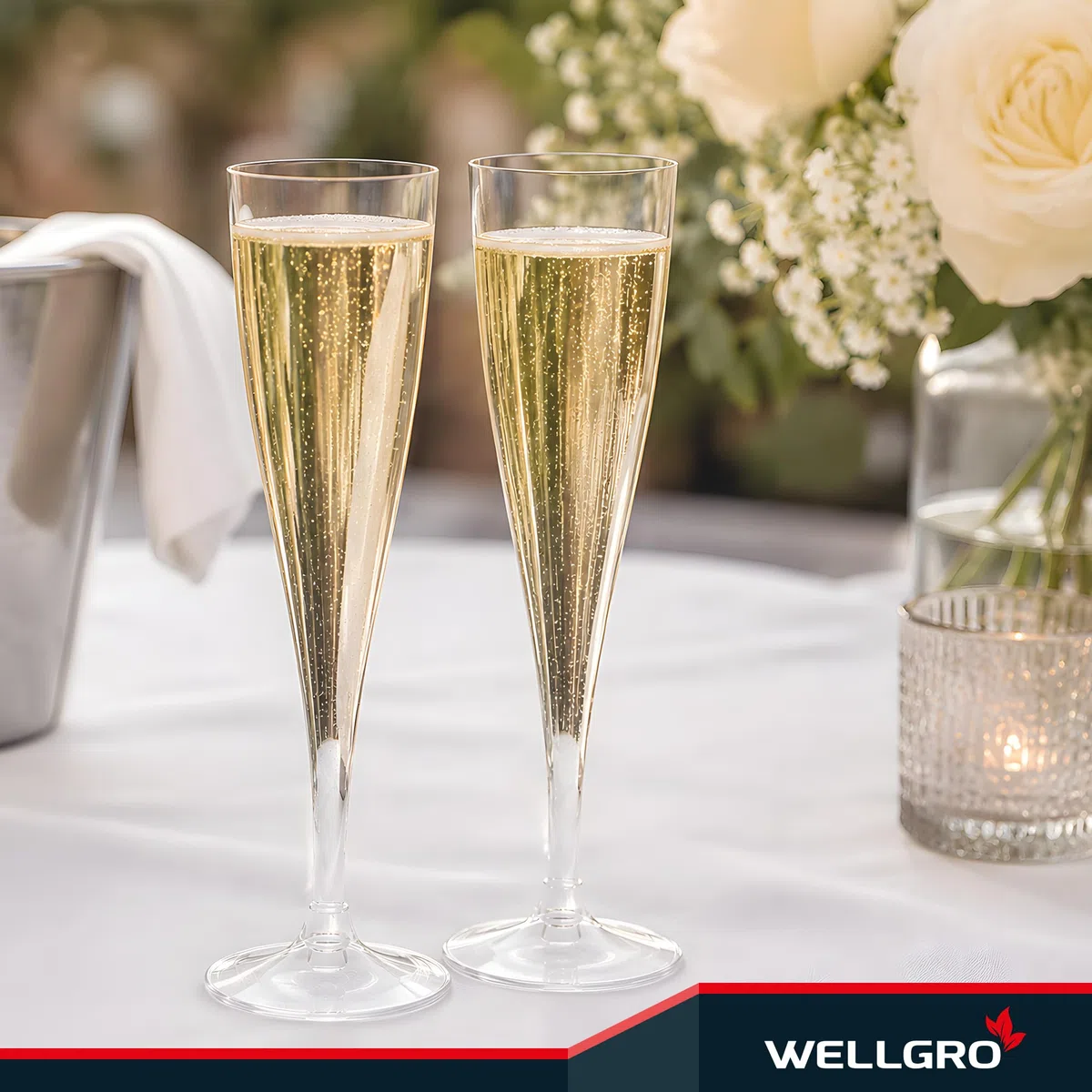 WELLGRO Set di bicchieri da spumante in plastica, 100 ml, con tacchetta, senza BPA, riutilizzabili, per champagne, prosecco, quantità: 30 pezzi