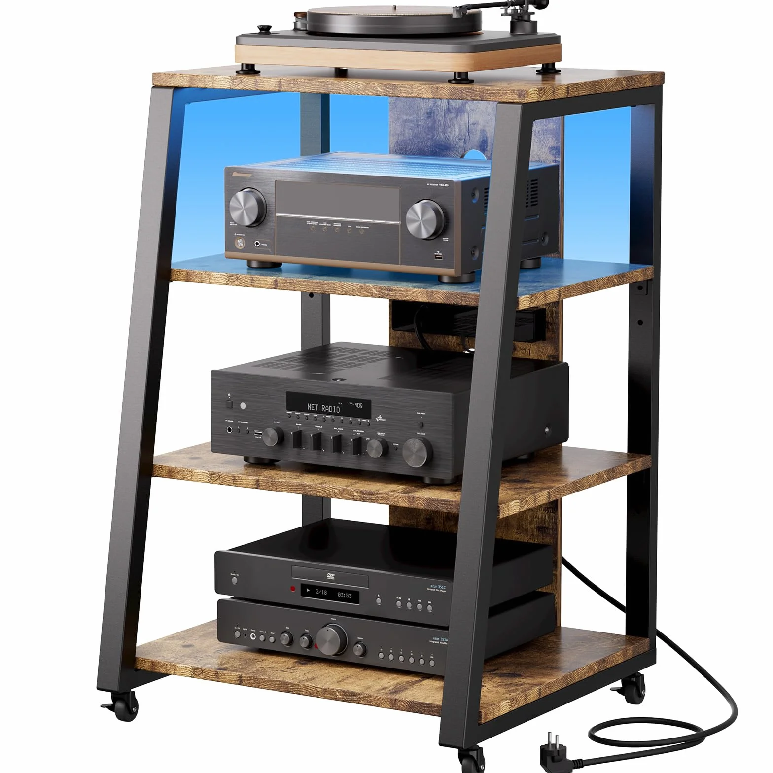 Lifewit Supporto audio a 4 livelli con prese elettriche e luci a LED, in legno e acciaio, per giradischi e impianti stereo e impianto compatto, marrone