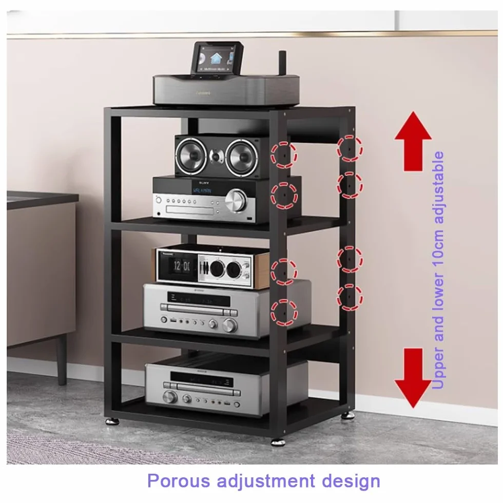 3 4 5 Livelli Mobile Componenti Stereo, HiFi Rack Audio AV Tower Media Stand, Rack Amplificatore Supporto Per Giradischi, Regolabile Mobiletto Portaoggetti, Legno & Metallo(Black,4 Tier-50X40X6