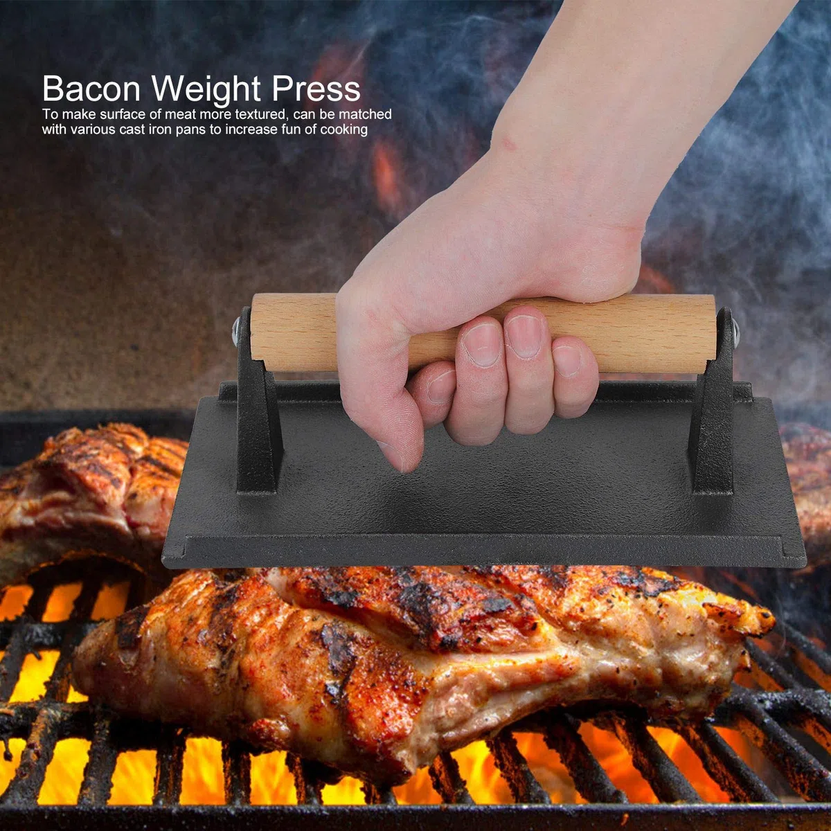 Pressa per Griglia in Ghisa da 8,3 Pollici, Pressa per Hamburger con Pancetta E Pancetta, Pressa per Barbecue con Manico in Legno per Bistecche al Barbecue, Panini, Panini E Carni