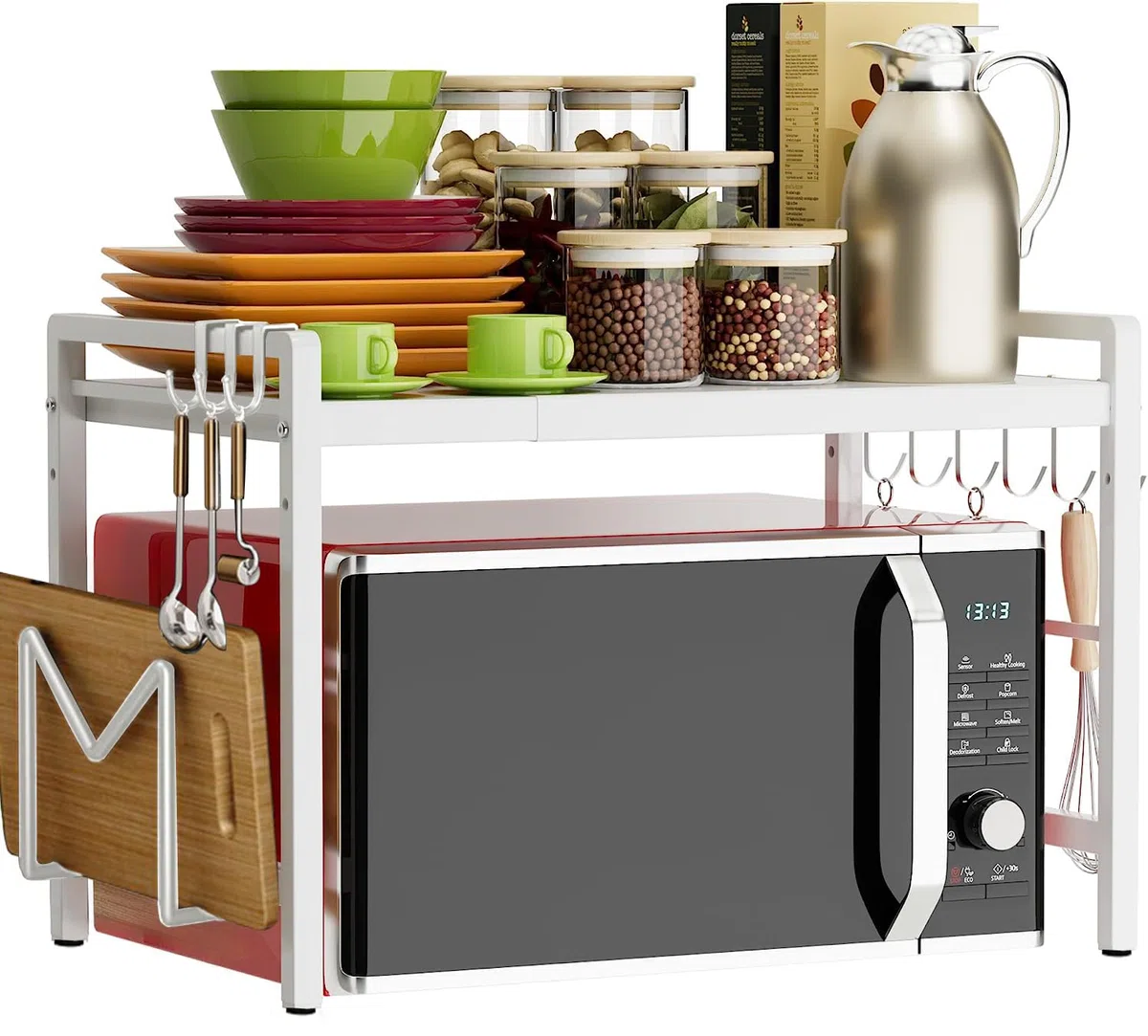 Scaffale allungabile per microonde a 2 ripiani con 6 ganci, supporto per forno a microonde, scaffale da cucina per piano di lavoro, allungabile da 40 a 64 cm, bianco