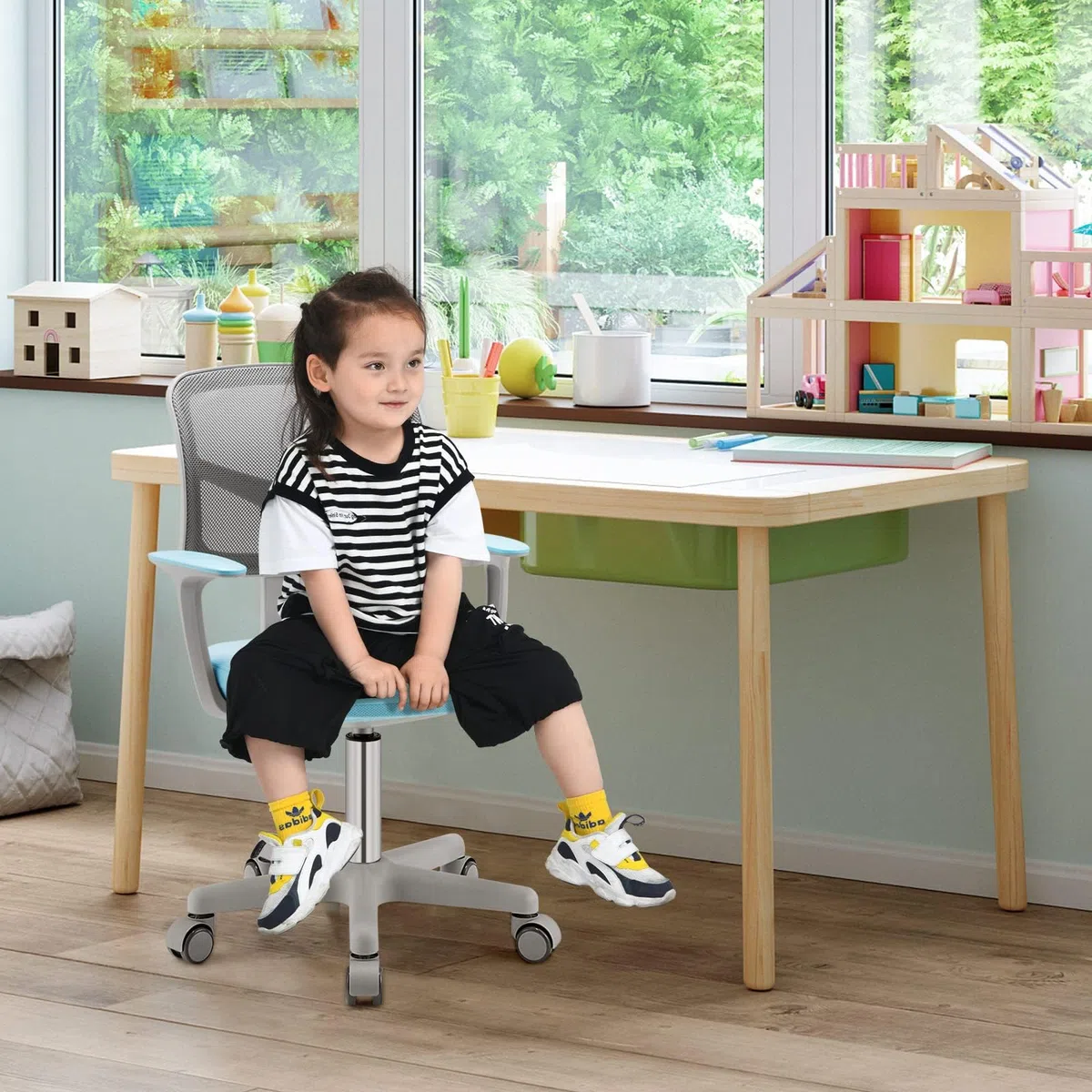 GYMAX Sedia da Scrivania per Bambini, Carico 150 kg, Sedia Ergonomica, Altezza Regolabile, Girevole a 360° (BLU)