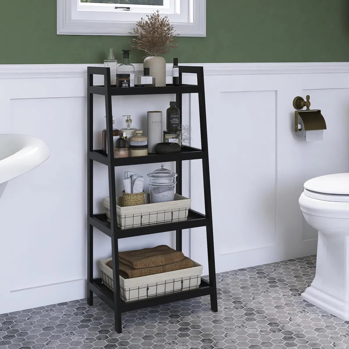 SMIBUY Libreria a scala in bambù, organizer per rack da bagno, espositore per piante autoportante a 4 e 5 livelli Scaffali salvaspazio per camera da letto, cucina (Nero, 4 livelli (99cm H))