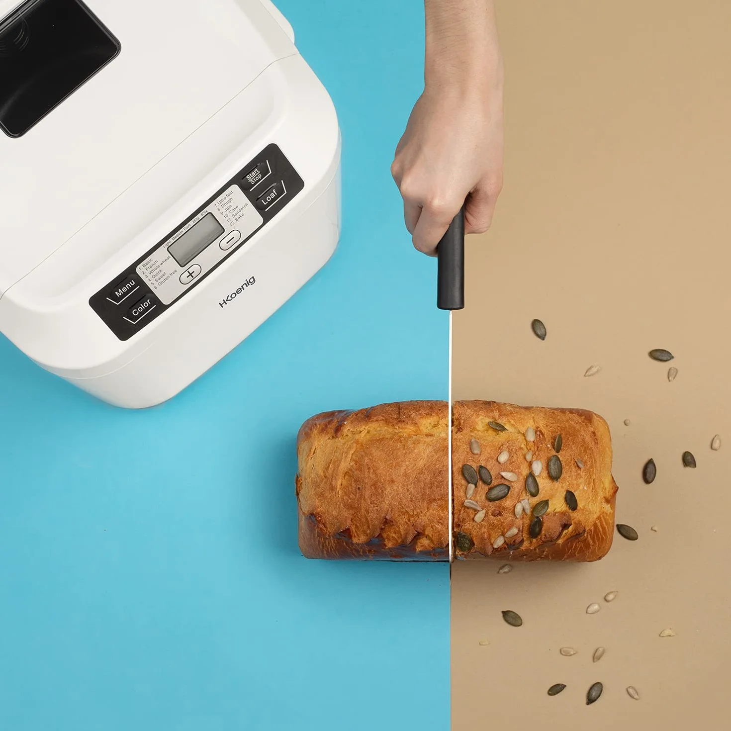 H.Koenig BAKE340 Macchina per il pane con semi, 12 Programmi,1 Senza Glutine,Mantenimento a Caldo,3 livelli di doratura,Partenza Ritardata 13h,550W