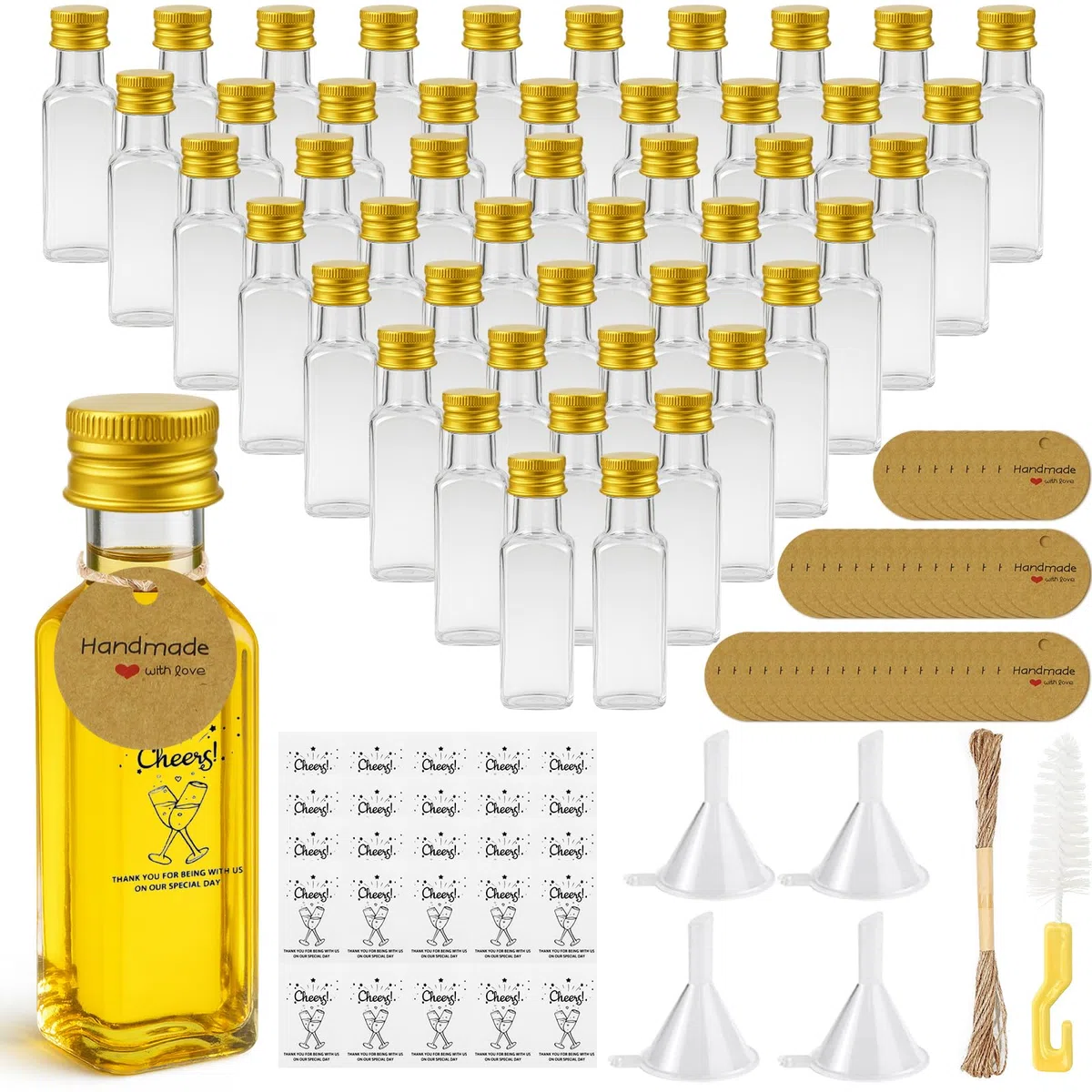 54 Pezzi Mini Bottiglie per Liquore 25ml, Mini Bottiglie Alcolici di Plastica Riutilizzabili, Bottigliette Liquore Mignon Vuote con Tappi a Vite, Etichette e Funnel per Matrimoni Feste