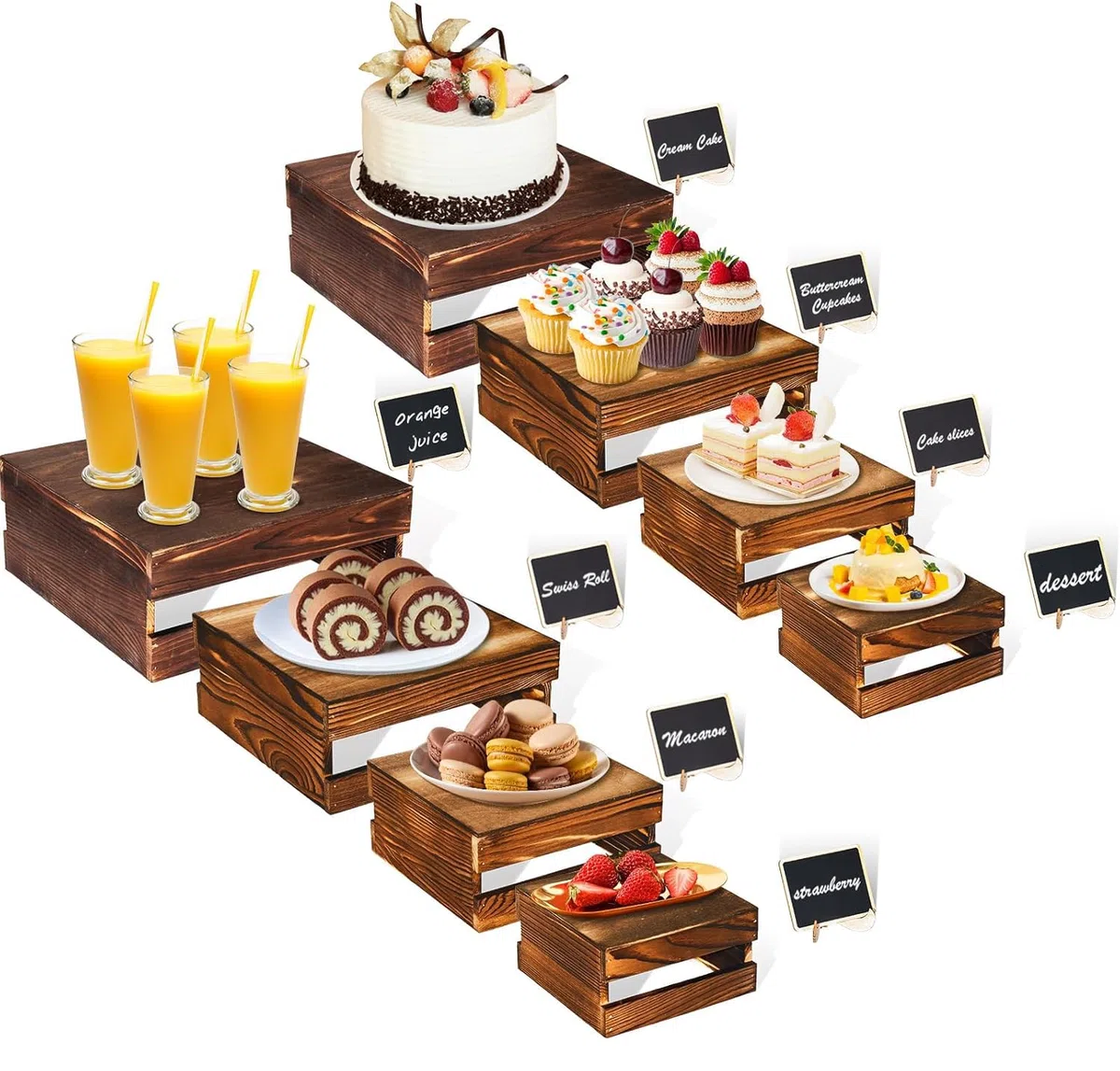 8 pezzi Alzate da buffet con mini cartellini, Alzatine per torte in legno rustico con fondo cavo, per matrimoni e feste di compleanno