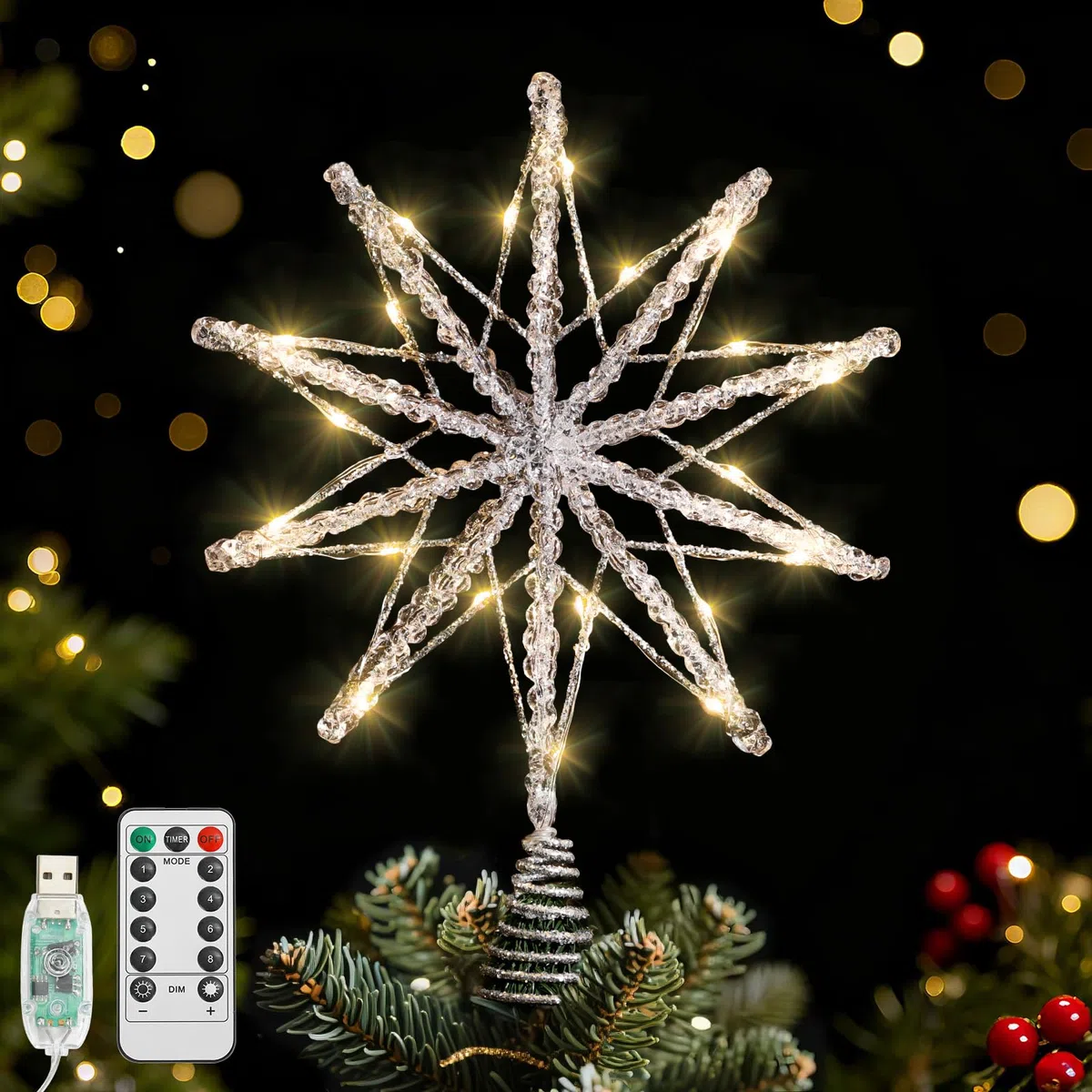 Lewondr Stella Cima Per Albero Di Natale 20 LED, 13.8 Pollice Stella A 10 Punte In Resina Lucente, Cima Alimentata A USB E Telecomando Per Decorazione Albero Di Natale, Timer 6H & 8 Modalità, Argento