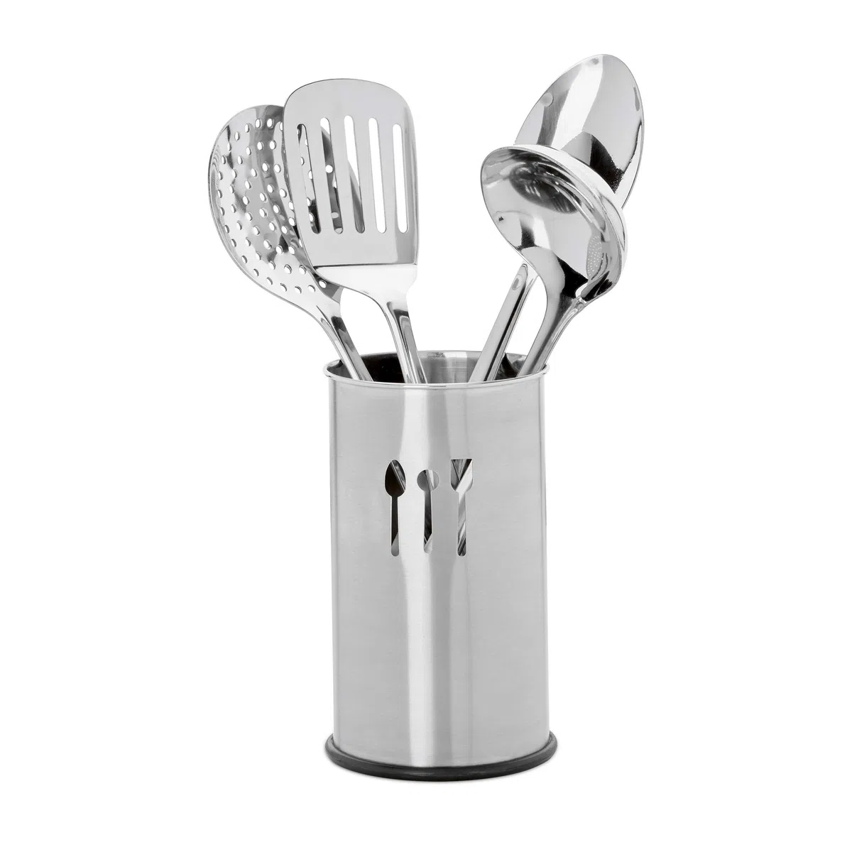 Relaxdays Porta Utensili da Cucina, Set da 5 Accessori, 4 Mestoli, Portaposate, Portamestoli, Kit in Acciaio, Argento