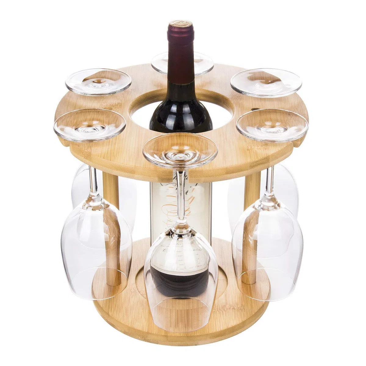 Porta bicchieri da vino in legno di bambù, design moderno, per fino a 6 bicchieri da vino e 1 bottiglia