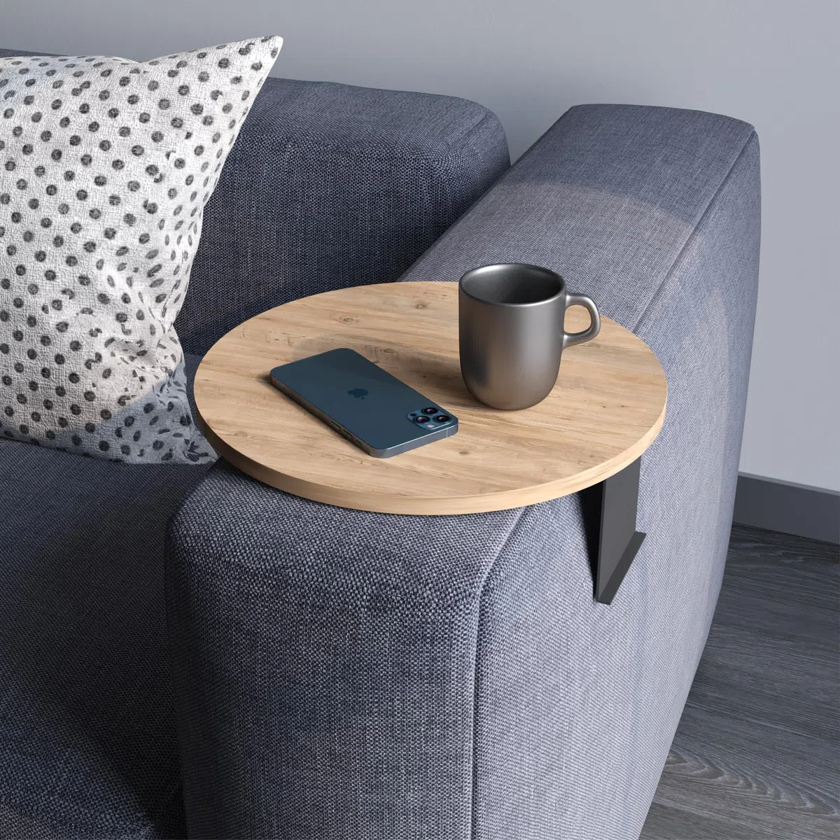Vassoio da divano con bracciolo, vassoio regolabile per divano e bevande, design speciale, pratico supporto in metallo, diametro 35 cm (effetto legno)
