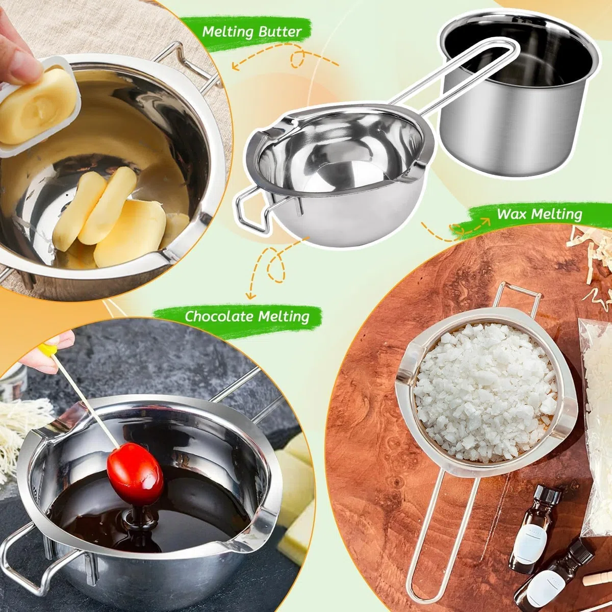 Set di 3 pentole per sciogliere la cera, in acciaio inox con cucchiai, vaschetta per bagnomaria e vasetto per versare candele, fondere, conservare e confezionare cera d'api di soia, conservare e