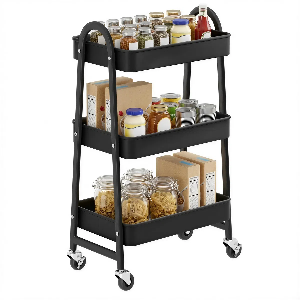 SONGMICS Carrello Scorrevole a 3 Livelli di Metallo, Trolley da Cucina con 2 Freni e Manici, Carrello Mobile, Montaggio Facile, per Utensili Camera da Letto Lavanderia, Nero BSC068B01