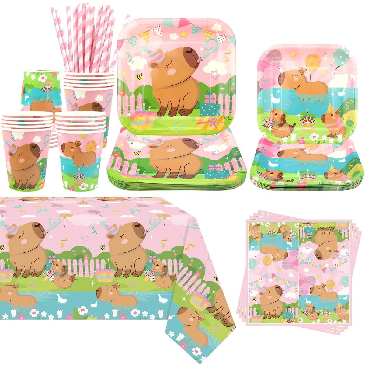 Rosa Capybara Party Decoration - Capybara Compleanno Party Stoviglie Accessori include piatti, tazze, tovaglioli, tovaglie, cannucce - per 20 persone