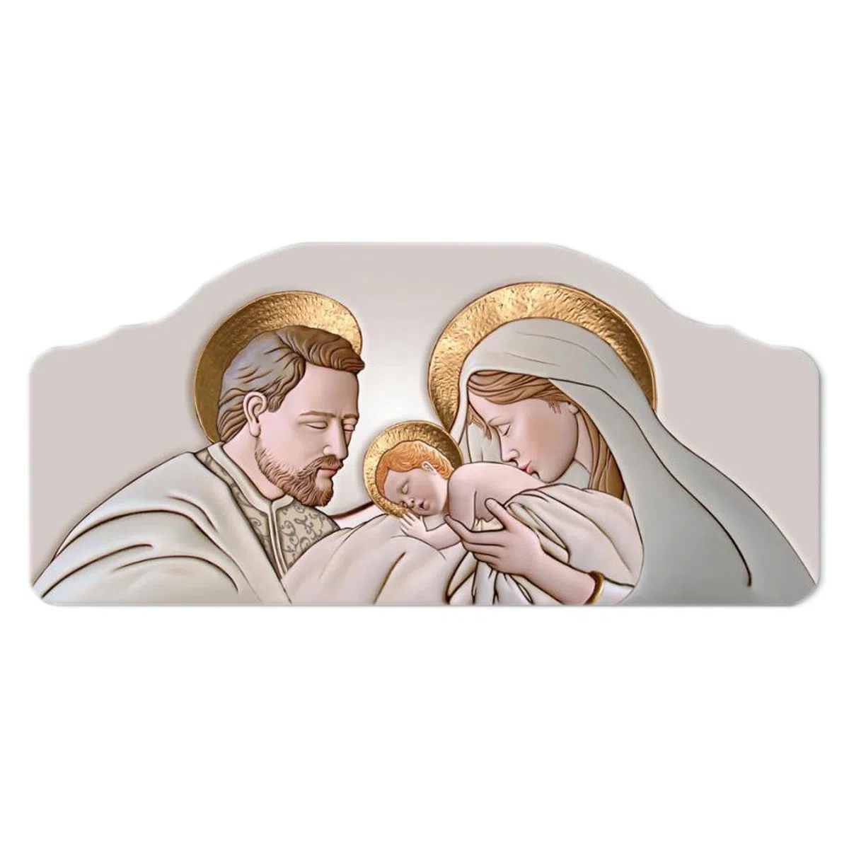 Lupia - Quadro Moderno Capezzale The Kiss Ceramic Sacra Famiglia, Stampa su Legno Ecologico, Artigianale e Made in Italy, su Tavola Lavorata, Multicolore, 42x92 cm