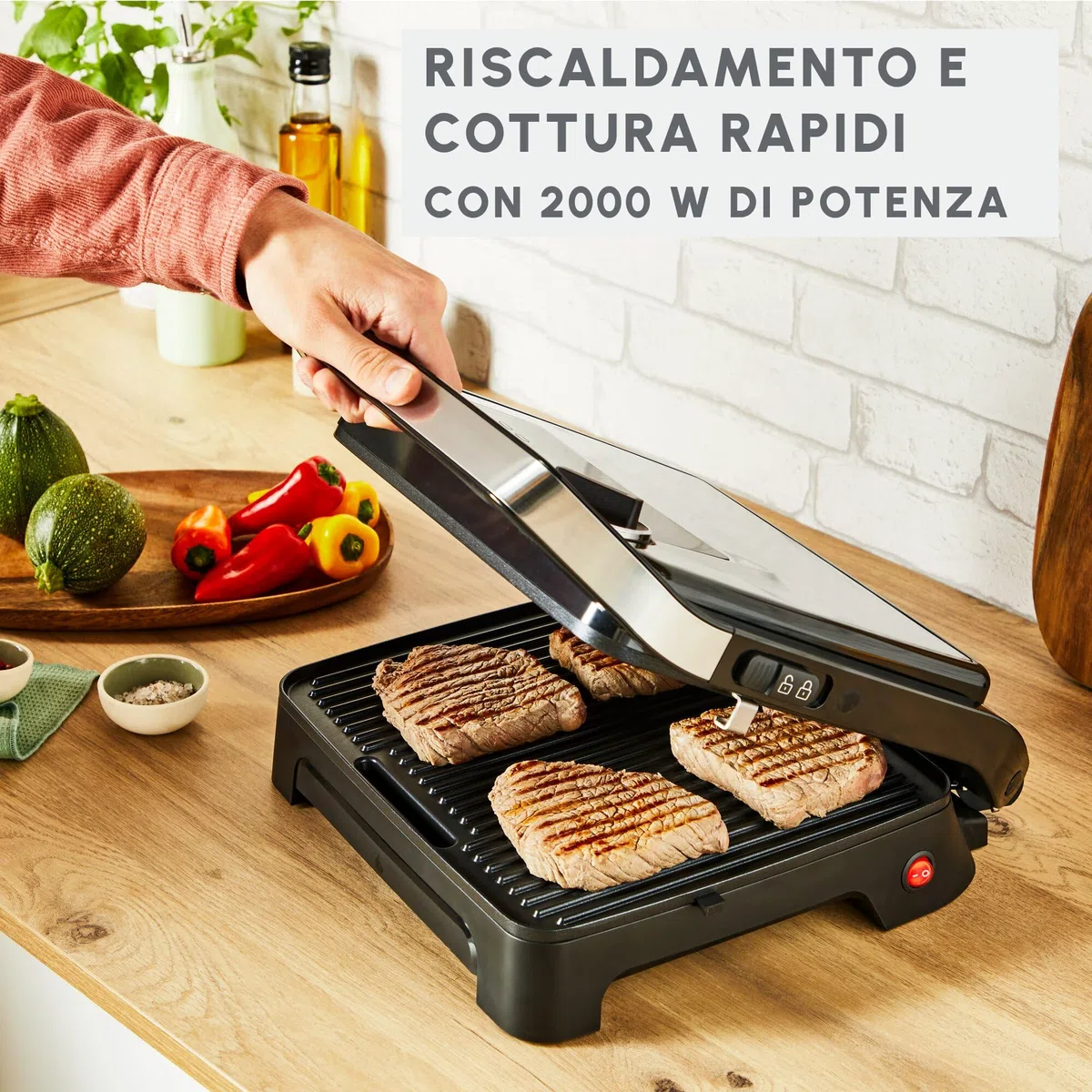 Moulinex Inicio Adjust, Piastra per Panini e Griglia, Termostato Regolabile, 2000 W, Piastre di Cottura Antiaderenti, GI272D10
