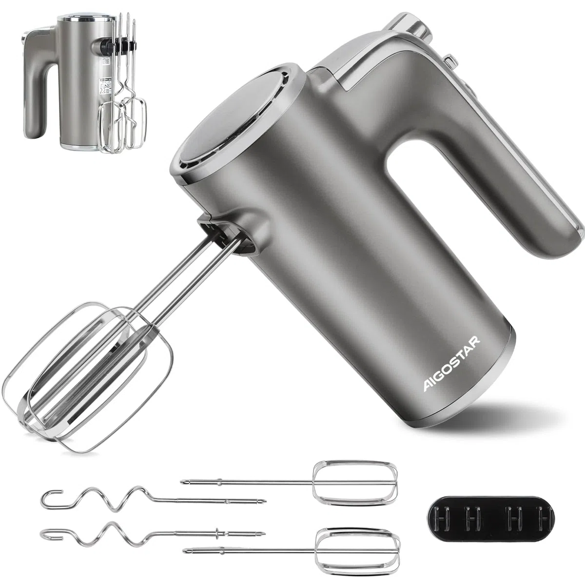 Aigostar Adela - Sbattitore Elettrico, Potenza di 400 W, 5 Velocità Regolabili e un Pulsante Turbo, una Staffa Portaoggetti, 2 Fruste e 2 Ganci. Color Argento