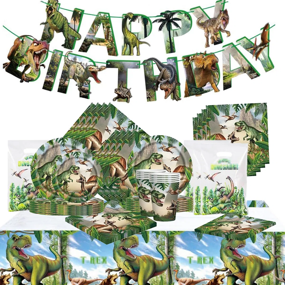 102 Pezzi Dinosauri Stoviglie per Feste di Compleanno，Dinosauri Addobbi Compleanno，Tovaglia，Piatti Carta，Sacchetto regalo，Striscione，Adatto a 20 persone
