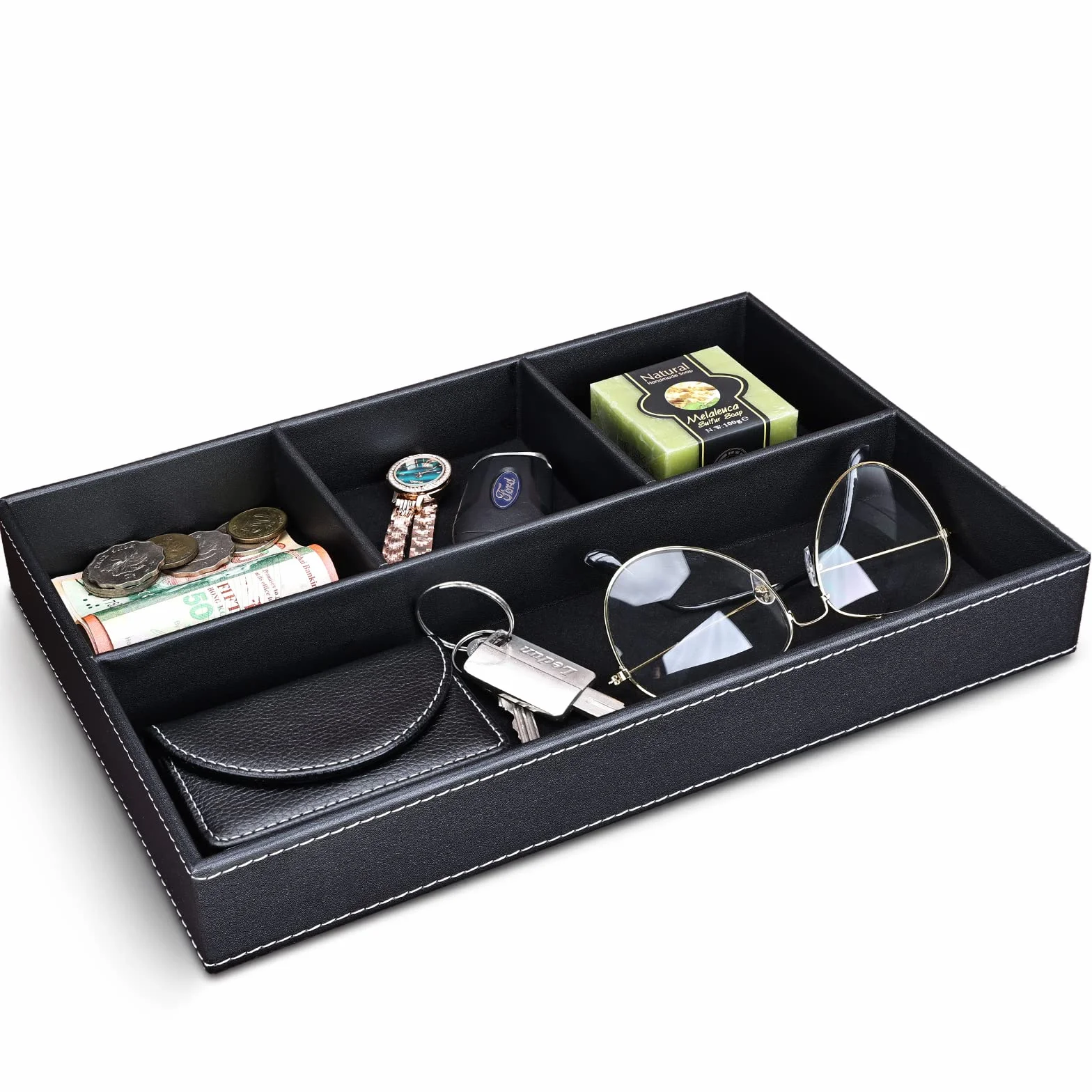 GORESE Svuotatasche in Pelle, Organizer per Cassetti Scrivania da Ufficio Vassoio Portaoggetti PU Tray con 4 Scomparti, Vassoio Organizer per Chiavi, Occhiali, Portafoglio, Monete, Gioielli (Nero)