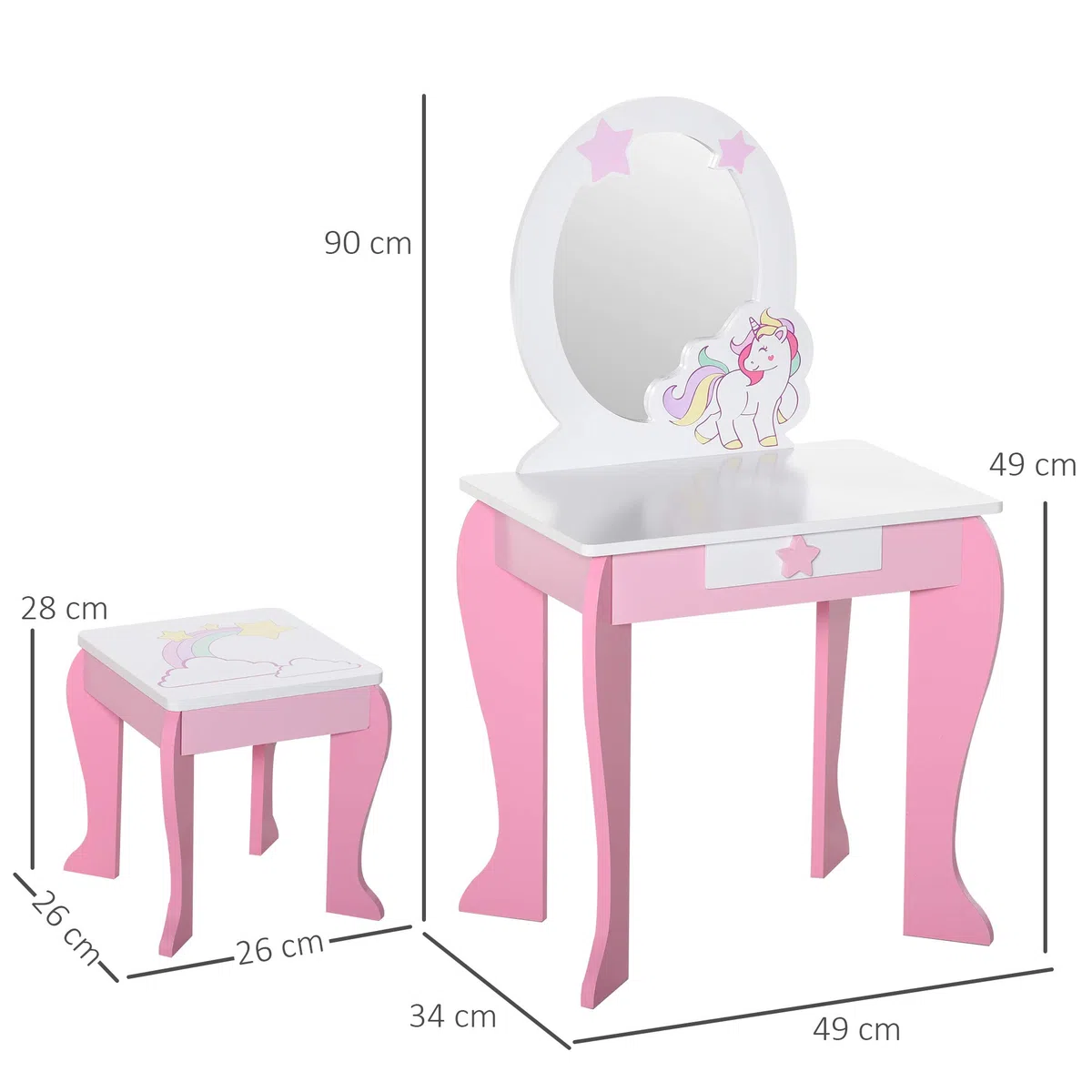 HOMCOM Specchiera Giocattolo Toeletta con Cassetto e Sgabello in Legno, Giochi per Bambine 3-6 Anni Rosa e Bianco