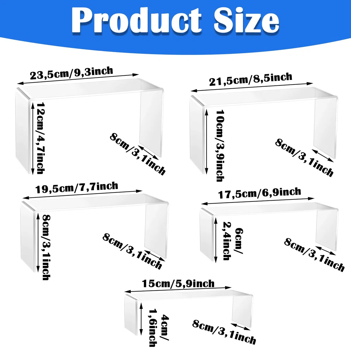 10 supporti per display in acrilico, 5 misure, trasparenti Riser, supporto per display, cosmetici, cupcakes