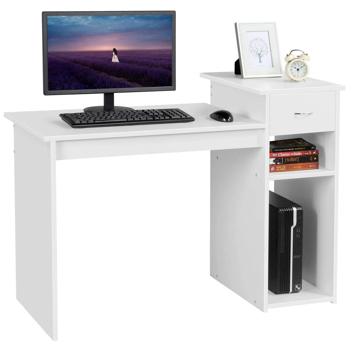 Yaheetech Scrivania per Computer Tavolo Porta PC Moderna con Cassetto con Mensola Ripiano 112 x 50 x 82 cm Postazioni di Lavoro da Ufficio Studio