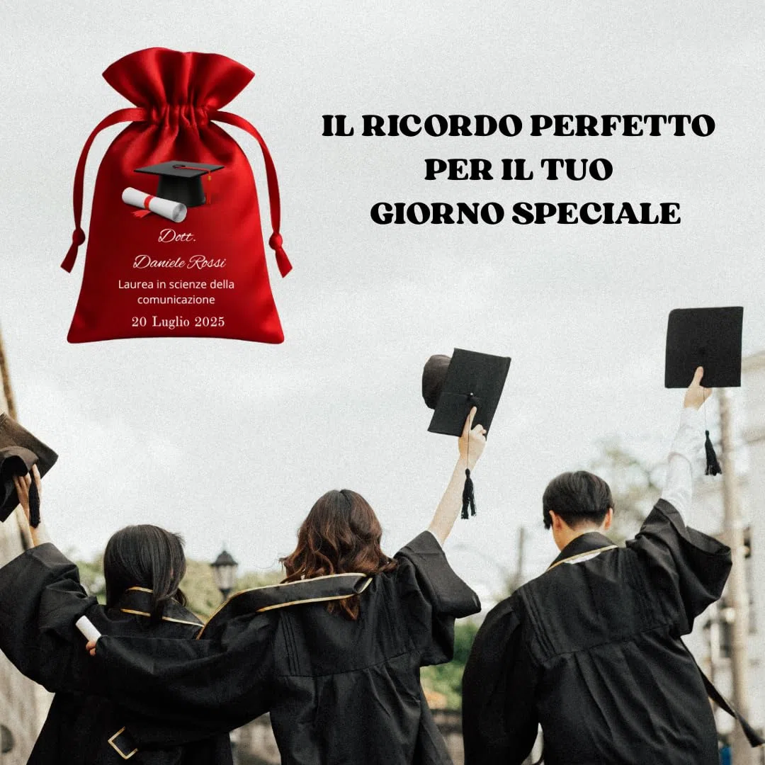 Sacchetti Laurea Personalizzati, in Raso, 12 Pezzi, Rosso, con Stampa Tocco e Pergamena, Bomboniere per Festa di Laurea