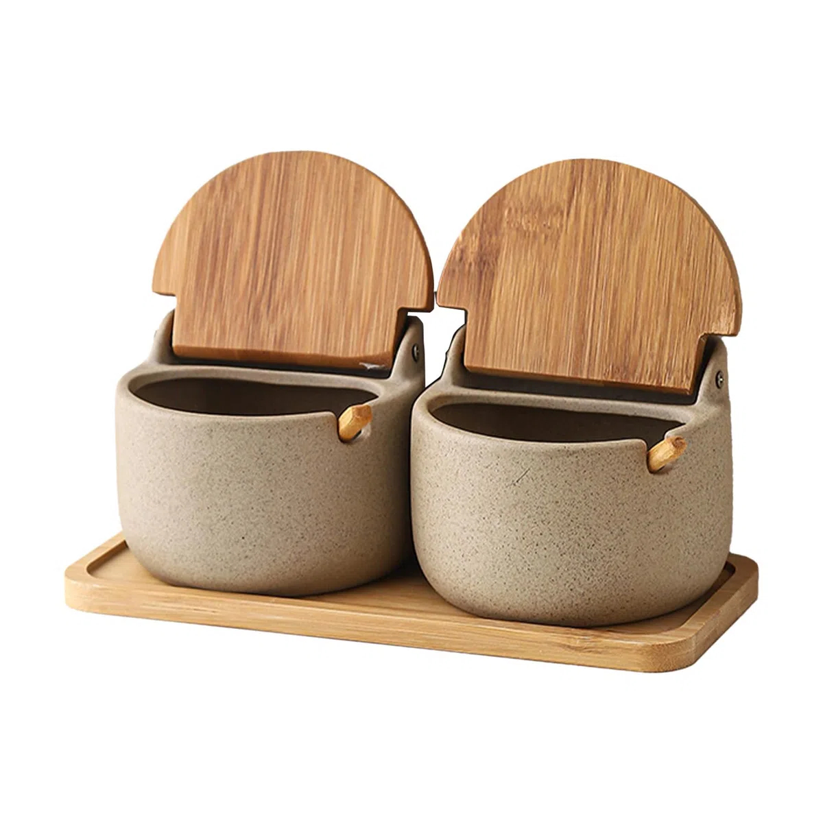 Generico - Saliera Con Coperchio, 2x Portasale In Ceramica Con Cucchiaio E Coperchio In Legno - Scatola Per Condimenti, Barattolo Per Condimenti Da Cucina Per Bancone Per Barbecue Da Picnic