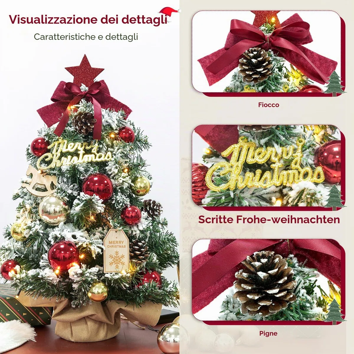 DEWUR Mini albero di Natale piccolo con illuminazione da tavolo a LED, piccolo albero di Natale decorato artificialmente, per decorazioni natalizie (60 cm, rosso con oro), F08-F11