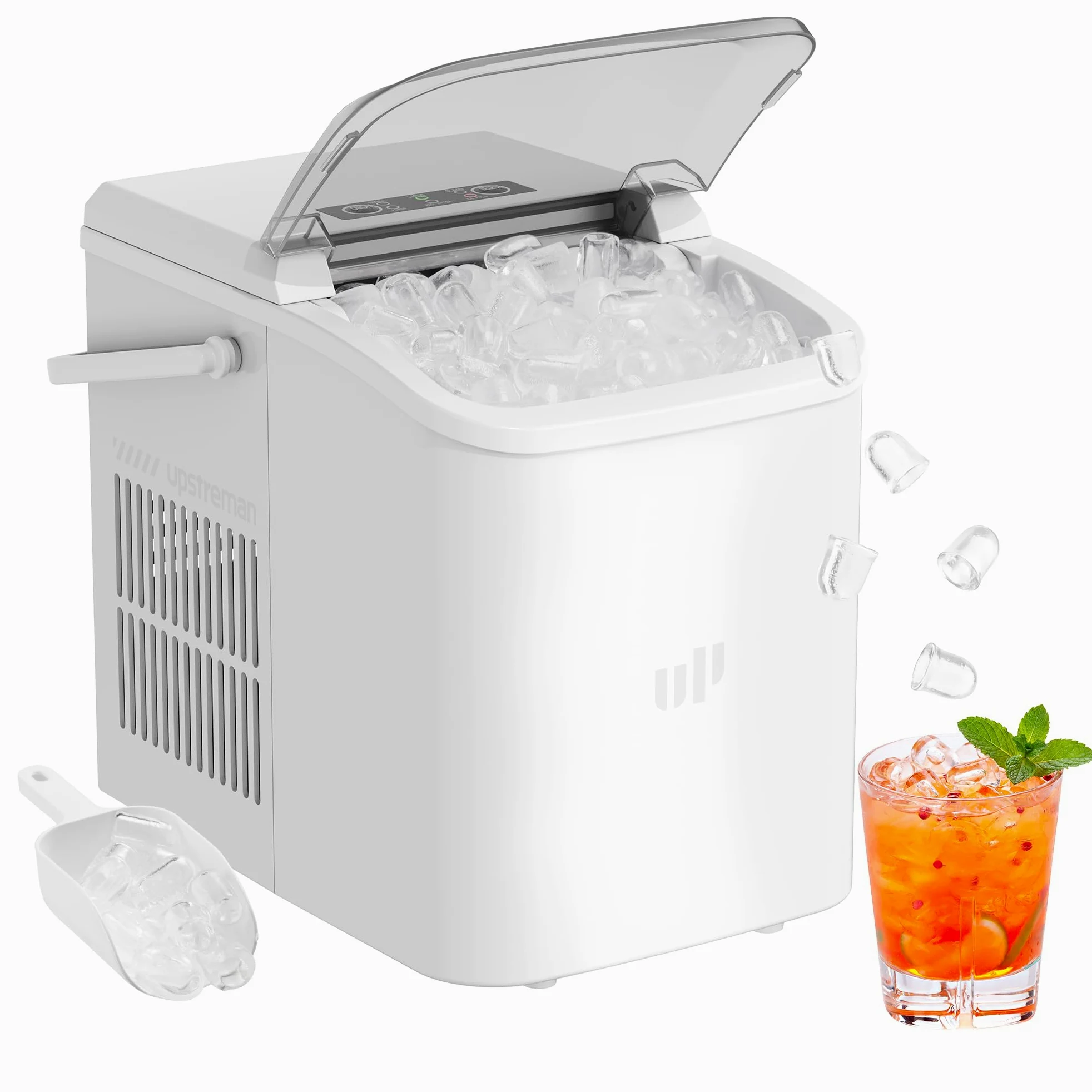 Upstreman Macchina Ghiaccio Autopulente, 12 kg/Giorno, 9 Cubetti in 6-8 Min, 2 Dimensioni di Ghiaccio Selezionabili, Silenziosa & Portatile per Casa, Cucina, Ufficio, Bar e Feste – BI12-Bianco
