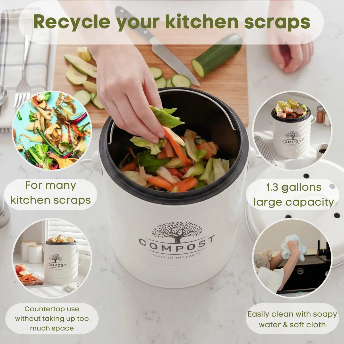 Perfnique Pattumiera da cucina per compost, da 1,3 galloni, con coperchio, secchio per compost da interno con fodera interna e filtro al carbonio, piccolo cestino per compostaggio