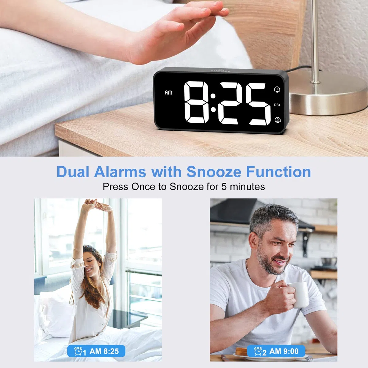 LATEC Sveglia Digitale, Sveglia da Comodino LED con Adattatore, Luminosità e Volume Regolabili, Schermo Grande da 5,8" con 2 Allarme, Snooze, 12/24 Ore per Ufficio Camera da Letto, Nero