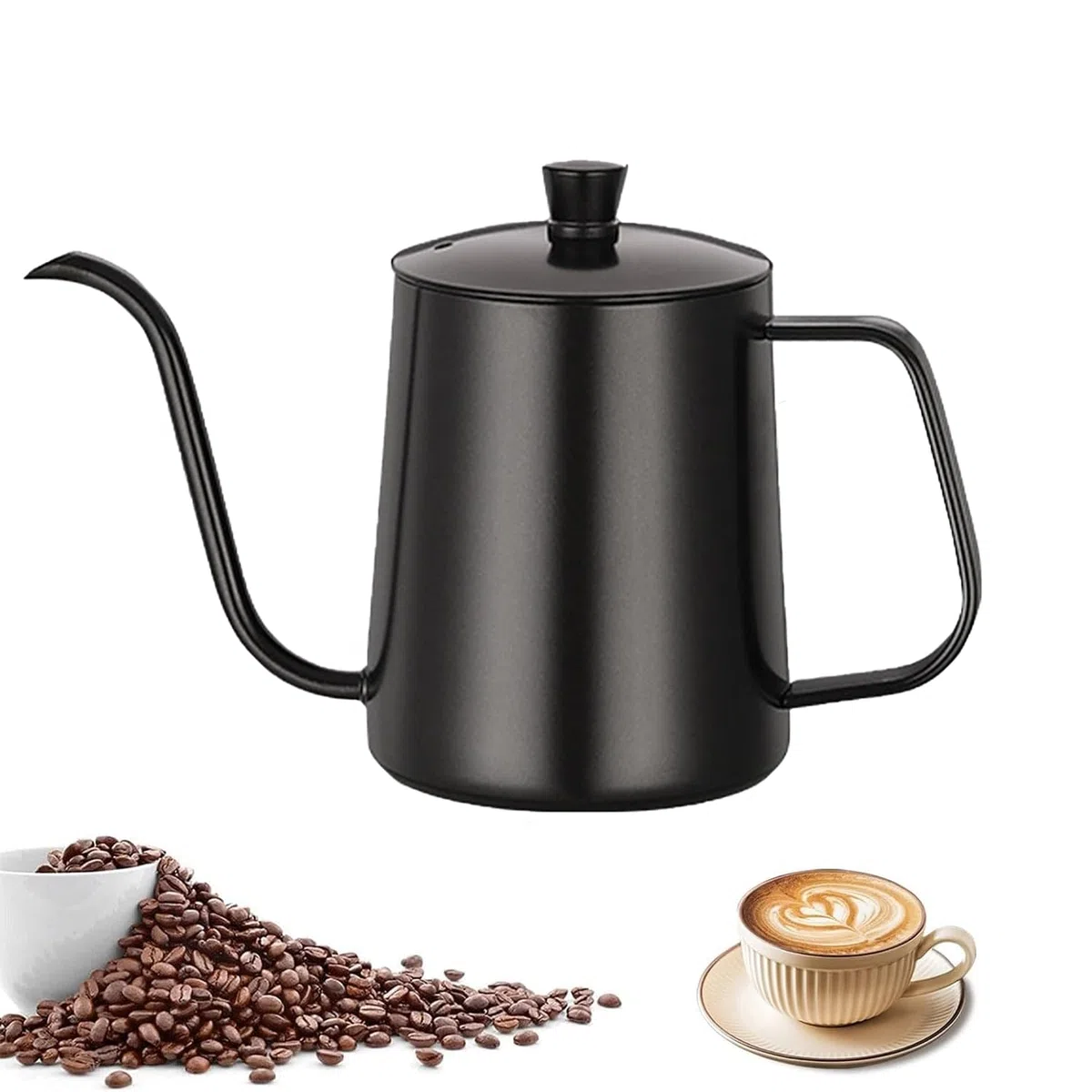 Bollitore da caffè a collo d'oca da 600 ml, in acciaio inox, con beccuccio lungo e stretto, bollitore antigoccia (nero)