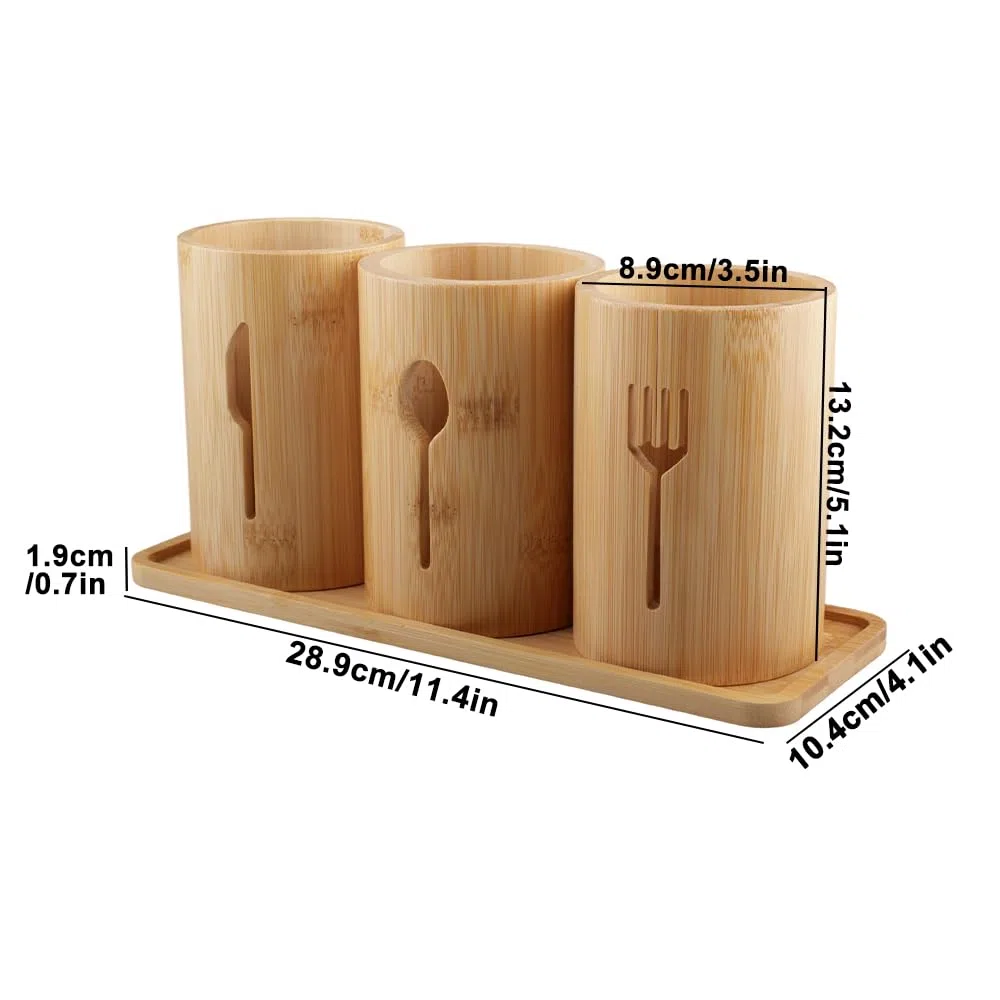 Porta-Utensili da Cucina, 3 Scomparti Per Utensili Da Cucina In Legno Portautensili in Bambù per Stoccaggio di Cucchiai, Forchette, Coltelli e Utensili da Cucin