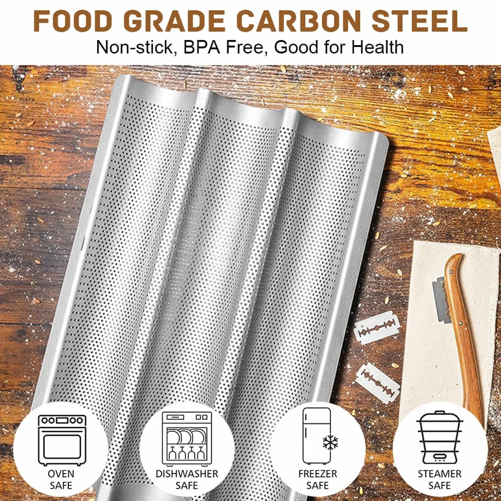 Teglia da forno per baguette, teglia da forno per 3 baguette, teglia per baguette, teglia da forno per baguette, 38,5 x 28,5 cm